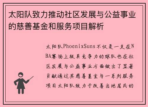 太阳队致力推动社区发展与公益事业的慈善基金和服务项目解析