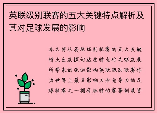 英联级别联赛的五大关键特点解析及其对足球发展的影响